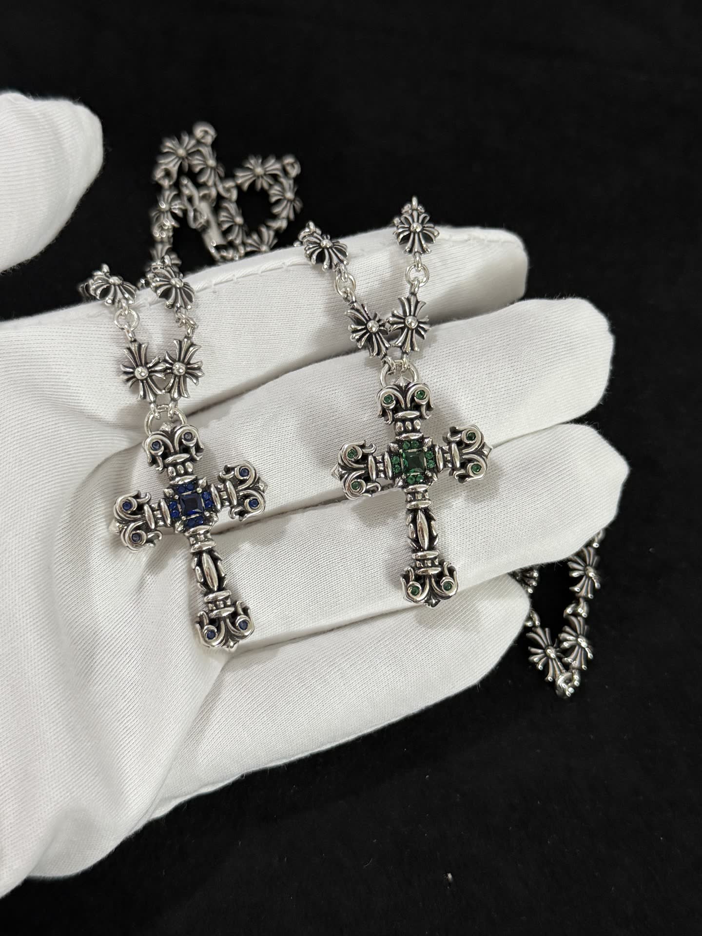 Chrome Hearts Silver Cross Pendant with Gemstones
